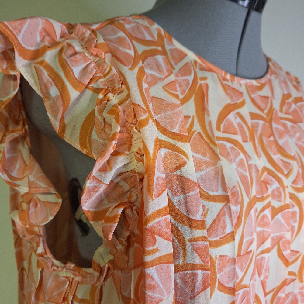 DR2 Orange Slice Pleated Front Ruffle Sleeve Blouse Size Med - Picture 3 of 8